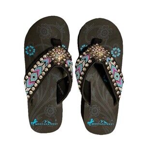 Montana West Wedge Flip-Flop Beaded Strap (Pink Blue White) Women 8 Cowgirl EUC